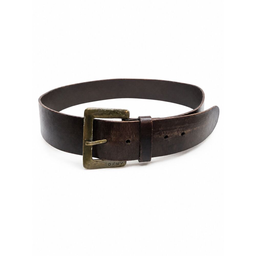 DKNY LEATHER BELT Brown Wide Brass Buckle Made USA Vintage Small 29-33